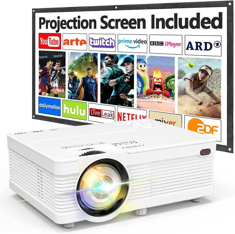 QAK AK-81 7000 Lumens Mini OutdoorProjector with Projection Screen 1080P Full HD Supported,Compatible with TV Stick Smartphone PS4 HDMI USB AV,White.