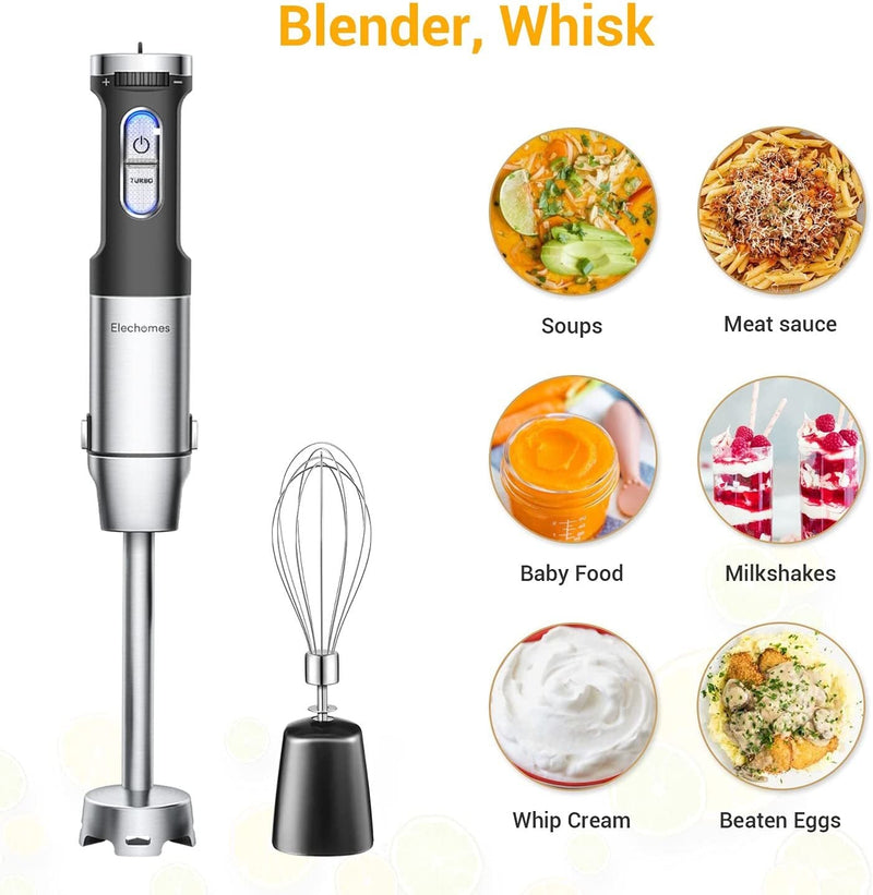 Elechomes 4-in-1 Hand Immersion Blender, 800W Stick Blender with 800ml Mixing Beaker, 500ml Food Chopper, Egg Whisk