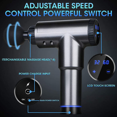 Electric Muscle Massager Gun, Touch LED Display Deep Tissue Muscle Massager & 32 Speed Adjustment 4 Massage Heads