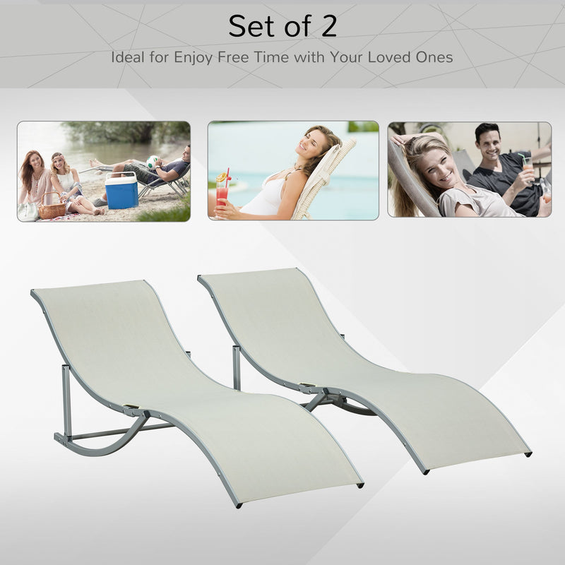 Outsunny Set of 2 S-shaped Foldable Lounge Chair Sun Lounger Reclining Outdoor Chair for Patio Beach Garden Beige