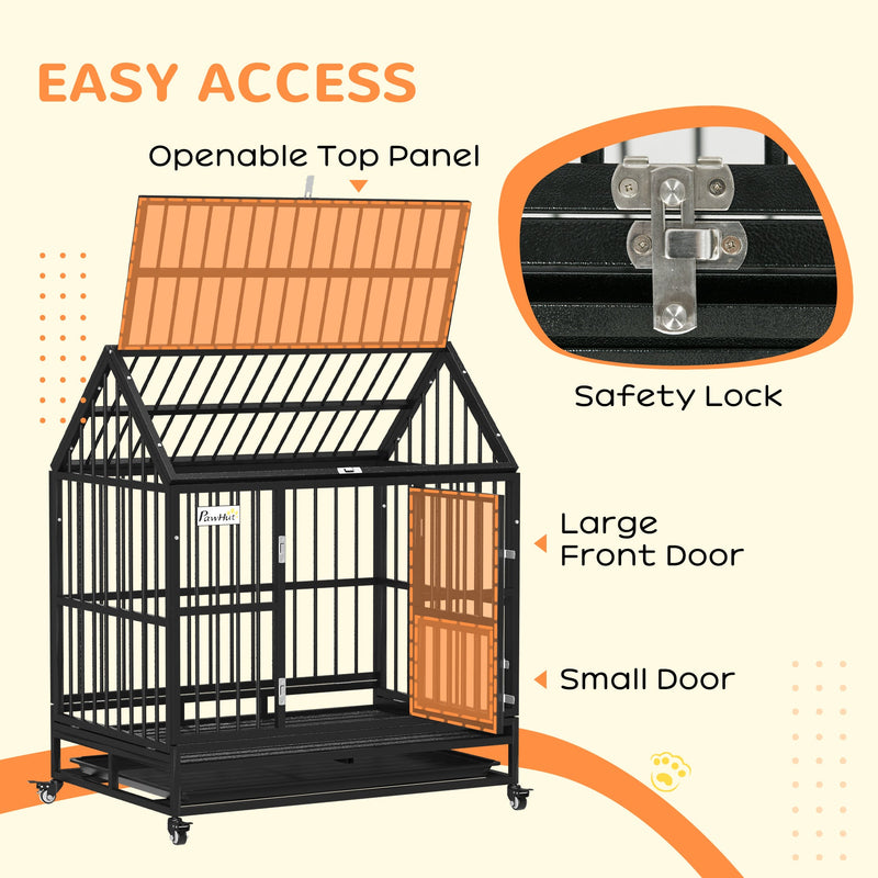 PawHut 43" Heavy Duty Dog Crate on Wheels, with Removable Tray, Openable Top