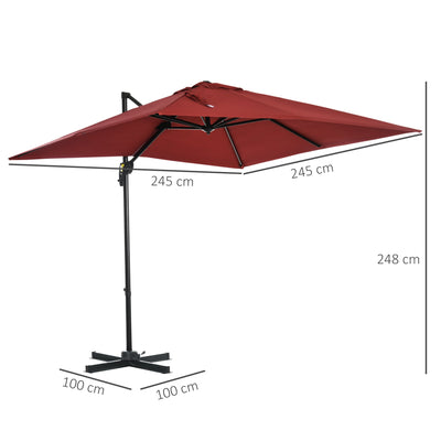 Outsunny 2.5x2.5m Patio Offset Parasol Umbrella Cantilever Hanging Aluminium Sun Shade Canopy Shelter 360°Rotation w/Crank Handle Cross Base Wine Red