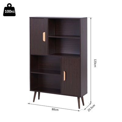 Free Standing Bookcase Shelves W/ Two Doors, 80L X 23.5W 123Hcm - Walnut