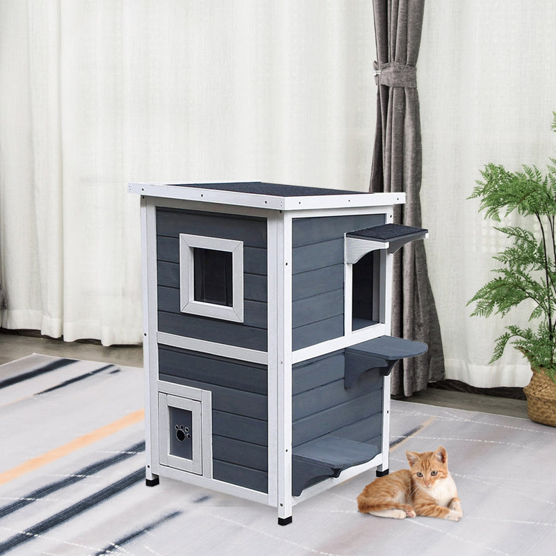 Outdoor Solid Wood 2-Floor Cat Condo Pet House Kitten Shelter, Grey