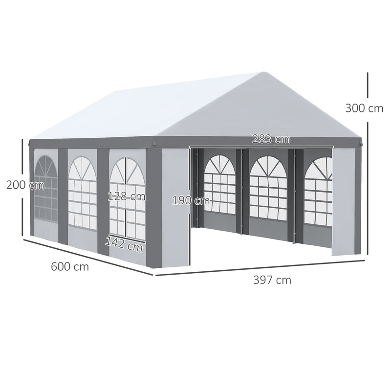 Outsunny 6 x 4m Galvanised Party Tent, Marquee Gazebo with Sides, Six Windows and Double Doors, for Parties, Wedding and Events, White and Grey