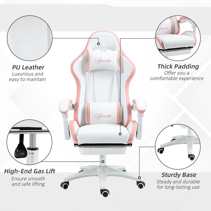 Vinsetto Racing Gaming Chair, Reclining PU Leather Computer Chair with 360 Degree Swivel Seat, Footrest, Removable Headrest White and Pink