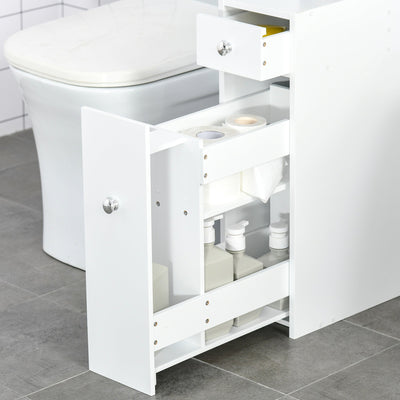 HOMCOM Bathroom Slim Floor Cabinet Narrow Wooden Storage Home Bath Toilet Cupboard Organiser Unit with Drawers White