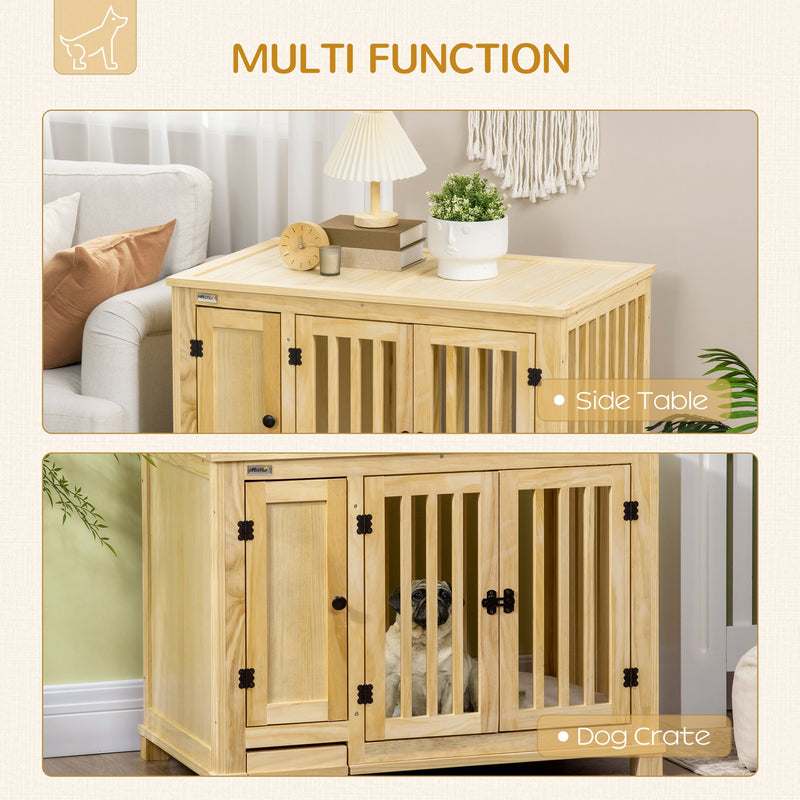 PawHut Dog Crate Furniture with Drawer Bowl, Wooden Dog Cage with Storage Cushion for Small Dogs, Natural