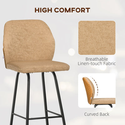 HOMCOM Bar Stools Set of 4, Linen-Touch Upholstered Bar Chairs, Kitchen Stools with Backs and Steel Legs for Dining Room, Light Brown