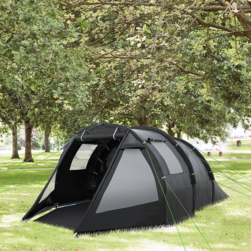 Outsunny 3-4 Man Tunnel Tent, Two Room Camping Tent with Windows and Covers, Portable Carry Bag, for Fishing, Hiking, Sports, Festivals - Black