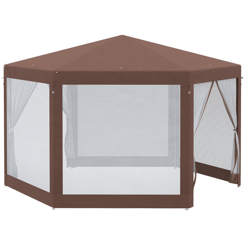 Outsunny Hexagonal Garden Gazebo Patio Party Outdoor Canopy Tent Sun Shelter with Mosquito Netting and Zipped Door, Brown