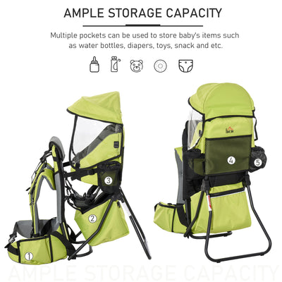 HOMCOM Baby Hiking Backpack Carrier Child Carrier with Ergonomic Hip Seat Detachable Rain Cover Adjustable Straps Stand for Toddler 6-36 Months Green