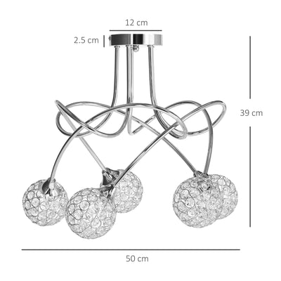 HOMCOM Modern Crystal Ball Chandelier Ceiling Light Pendant Light with 5 Lampshades 5 G9 Bulbs Required Silver