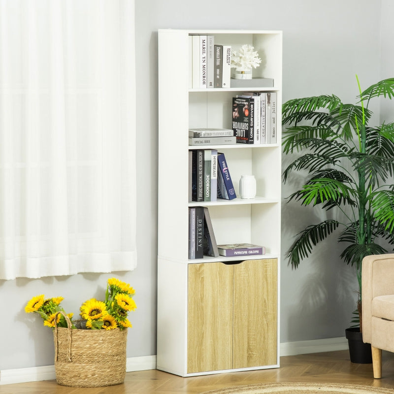 2 Door 4 Shelves Tall Bookcase Modern Storage, White And Oak