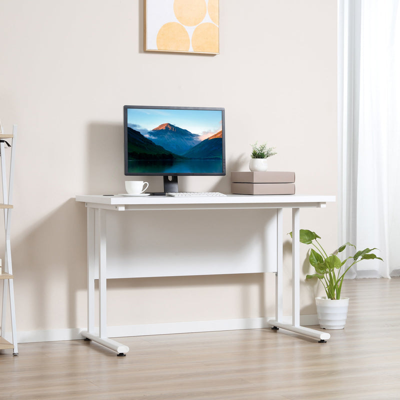 HOMCOM Computer Desk, Home Office Desk, Writing Table, 120x60x75cm Laptop Workstation with 2 Cable Management Holes, C Shaped Metal Legs, White