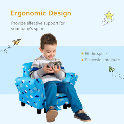 HOMCOM Kids Children Armchair Mini Sofa Wood Frame w/ Footrest Anti-Slip Legs High Back Arms Bedroom Playroom Furniture Cute Cloud Star Blue