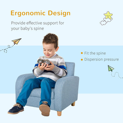 HOMCOM Kids Children Armchair Mini Sofa Wood Frame Anti-Slip Legs High Back Bedroom Playroom Furniture for 3-6 Ages, Blue