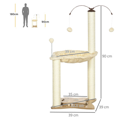 PawHut Cat Tree for Indoor Cats Kitten Play Tower with Sisal Scratching Posts Hammock Ball Toy, Beige, 53.5x53.5x90 cm