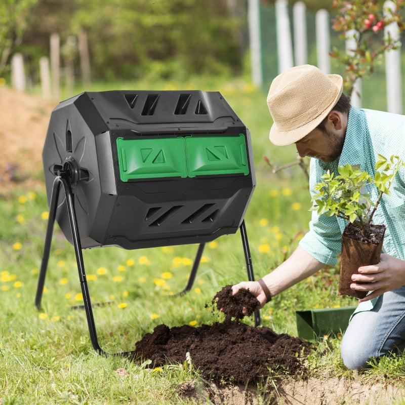 160L Tumbling Compost Bin Outdoor Dual Chamber 360° Rotating Composter, Black