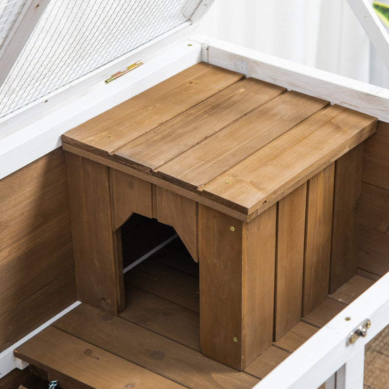 PawHut Wooden Rabbit Hutch Guinea Pigs House Bunny Small Animal Cage W/ Pull-out Tray Openable Roof Wheels 91.5 x 53.3 x 73 cm, Brown