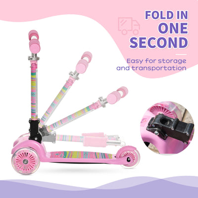 HOMCOM Scooter for Kids Toddler Foldable Kick Scooter with 3 Wheel Adjustable Height Flashing Wheels for Boys and Girls 3-8 Years Pink