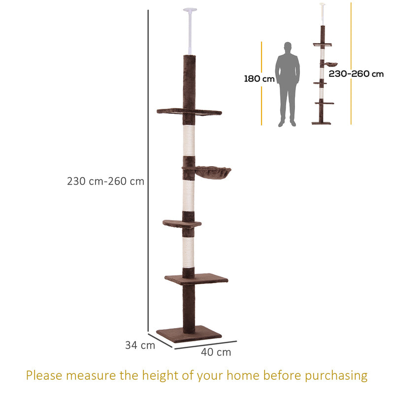 Árbol para gatos PawHut de piso a techo para gatos de interior, torre para gatos de 5 niveles, centro de actividades para escalar, poste rascador, altura ajustable de 230 a 260 cm, color marrón