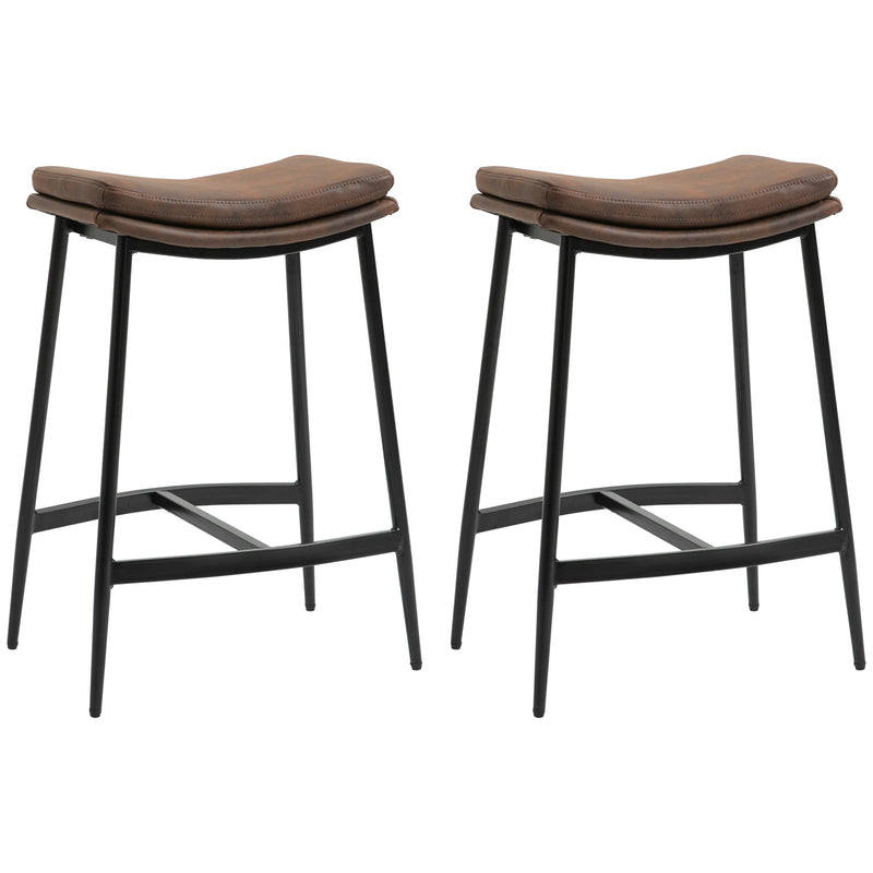 HOMCOM Breakfast Bar Stools Set of 2, Microfibre Upholstered Barstools, Industrial Bar Chairs with Curved Seat and Steel Frame for Dining Room, Kitchen, Brown