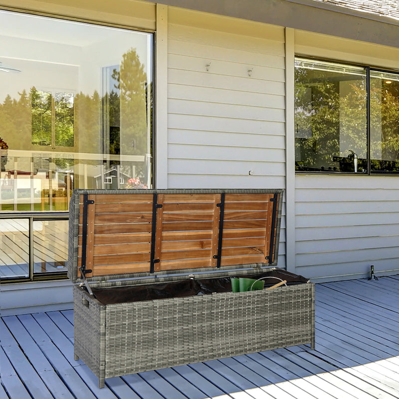 Outsunny Patio Wicker Storage Bench Box, Outdoor Garden PE Rattan Pool Storage Deck Bin Box w/ Natural Wood Top, Lid, for Storing Tools Mixed Grey