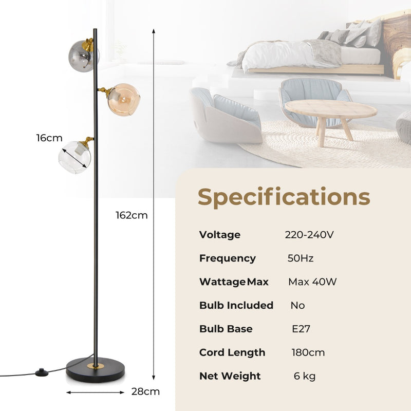 Modern Freestanding Lamp with 3 Glass Globe Lampshades