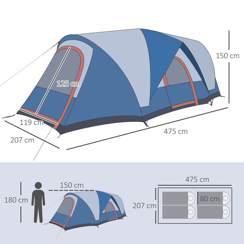 Outsunny 3-4 Man Camping Tent with 2 Rooms, Dome Tent with 2 Doors, Portable Carry Bag, UV Protection, for Fishing, Hiking - Blue