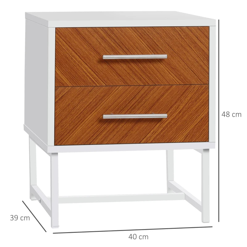 BORO Bedside Table with 2 Drawers and Metal Frame, Sofa Side Table, White and Brown