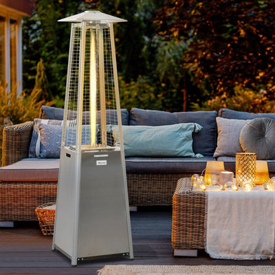 Outsunny 11.2KW Outdoor Patio Gas Heater, Pyramid Propane Tower With Wheels, Dust Cover, Regulator Hose, Silver