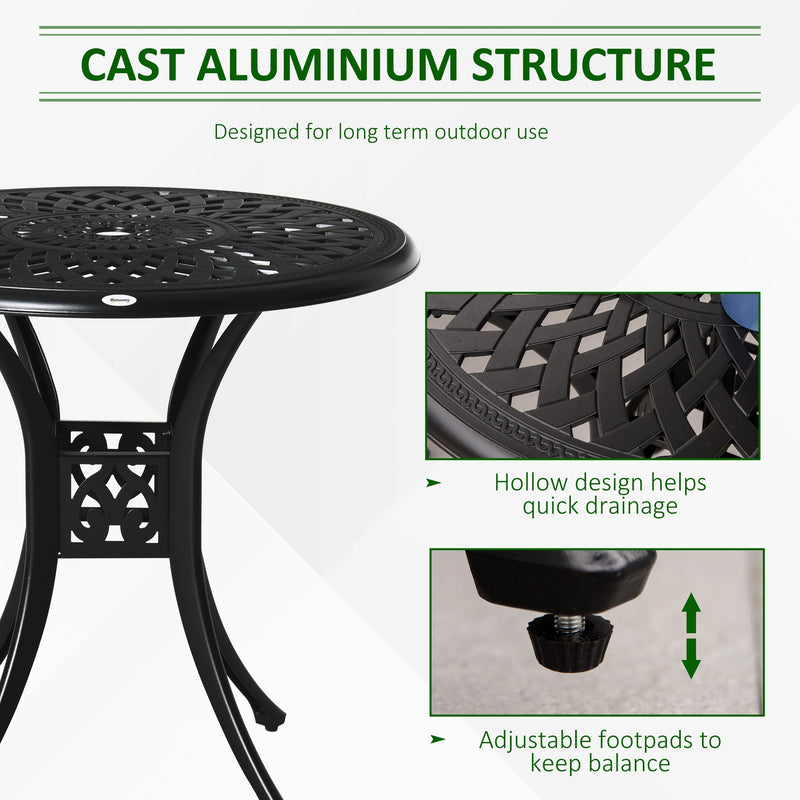 Outsunny 78cm Round Garden Dining Table Bistro Set with Parasol Hole Antique Cast Aluminium Outdoor Table, Black