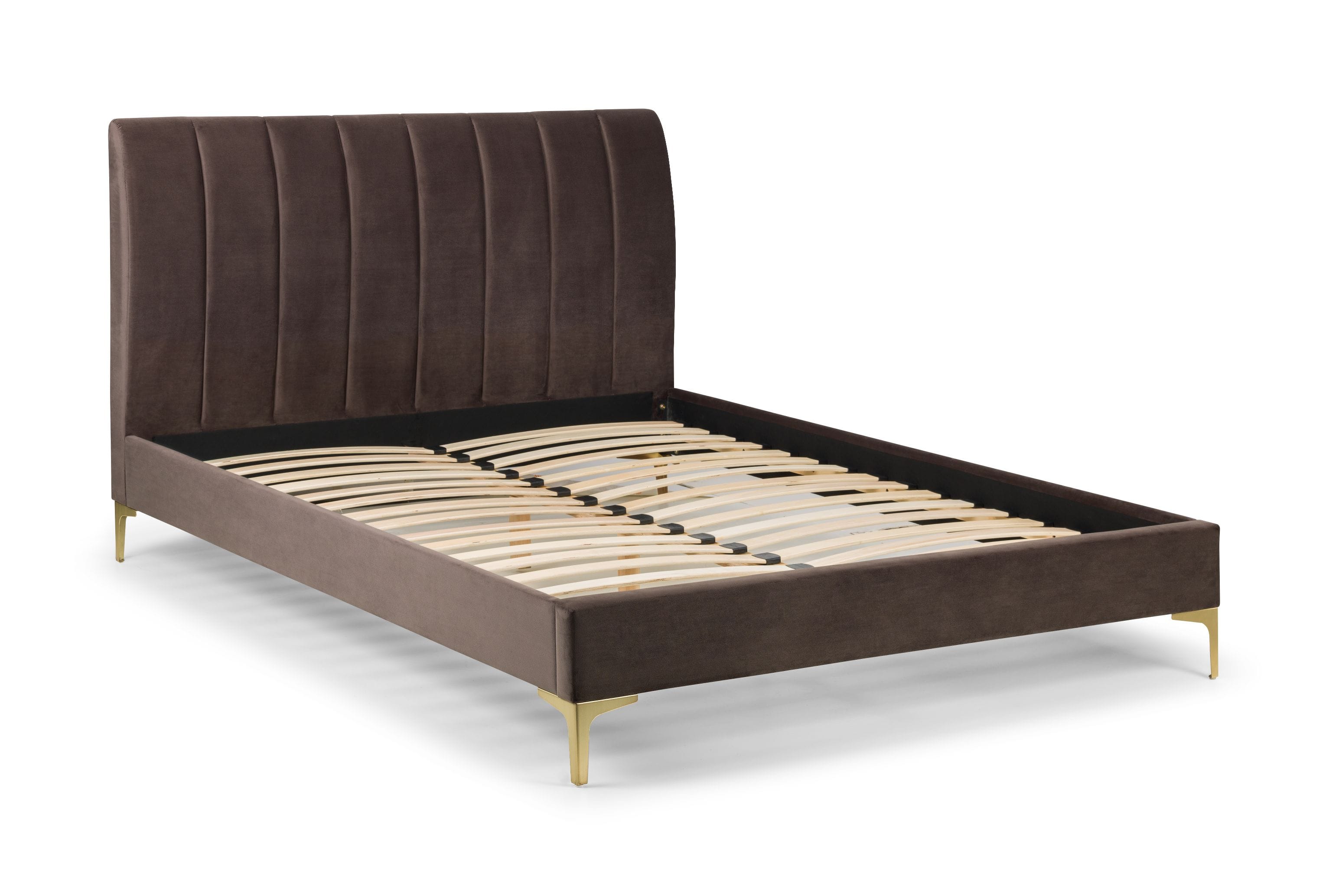 Upholstered bed online with gold legs