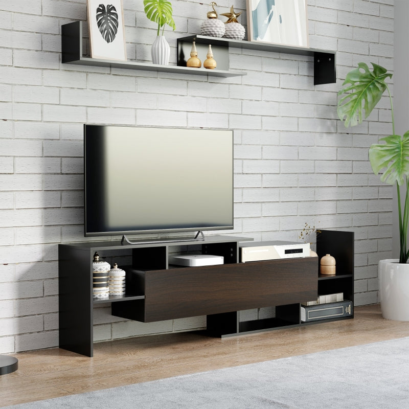 Modern TV Cabinet With Wall Shelf, Black Dark Brown