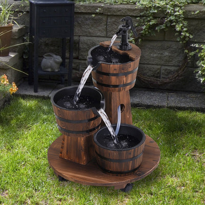 Patio Wooden Water Fountain 3 Barrels Set With Wheels