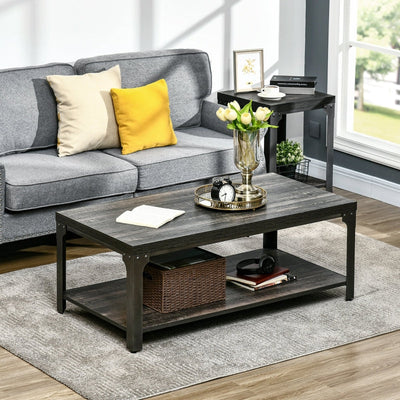 Rustic Coffee Table, Centre With Storage Shelf And Steel Frame