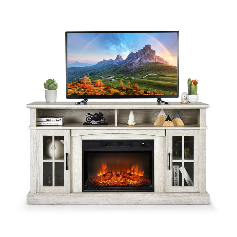 Mueble de TV rústico con chimenea de 58 pulgadas y 2 compartimentos de almacenamiento abiertos, color gris