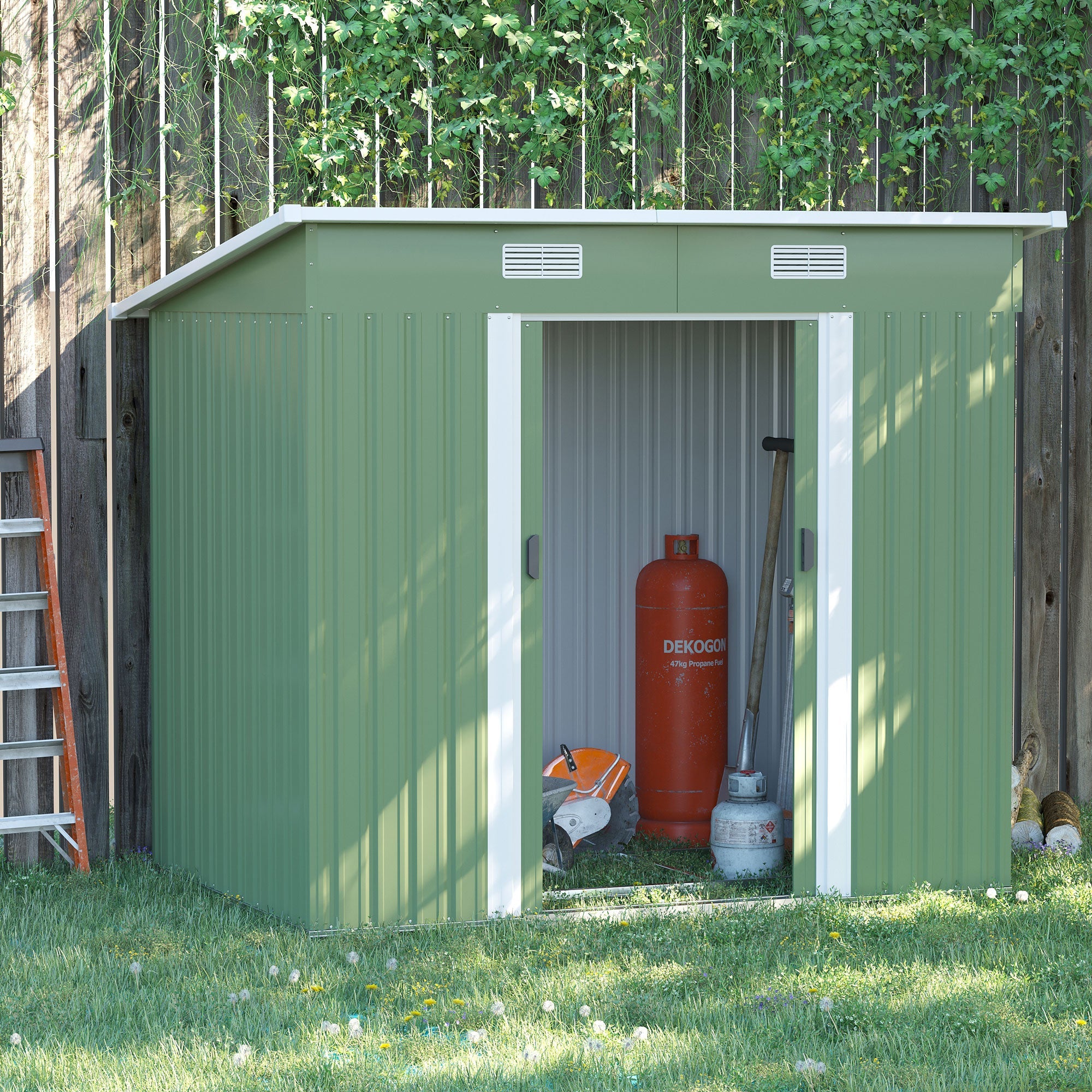 Outsunny 9' x 4' Corrugated Garden Metal Storage Shed Outdoor Equipment Tool  Box with Foundation Ventilation & Doors Light Green