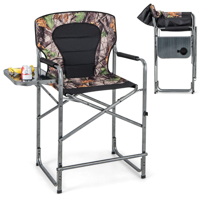 Folding Tall Hunting Chair with Side Table, Detachable Footrest, Cup Holder