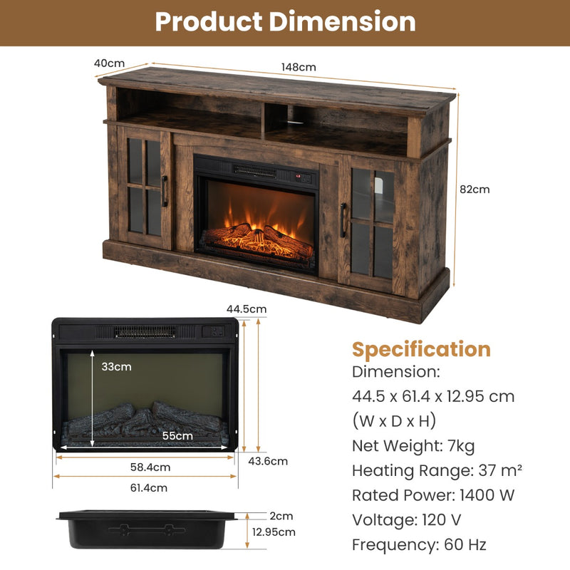 58 Inch Rustic Fireplace TV Stand with 2 Open Storage Compartments-Brown