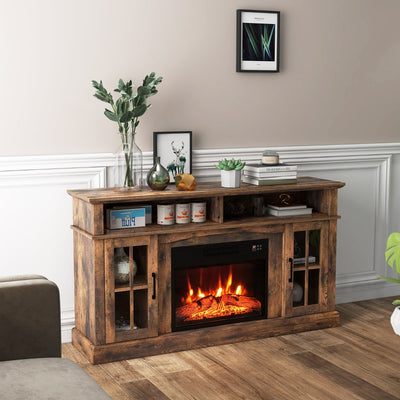 58 Inch Rustic Fireplace TV Stand with 2 Open Storage Compartments-Brown