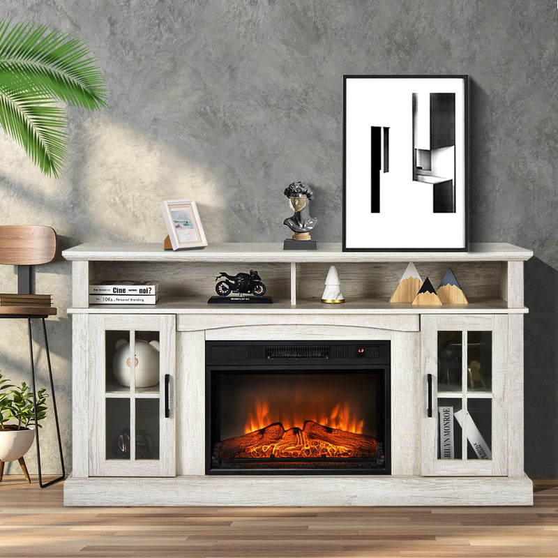 Mueble de TV rústico con chimenea de 58 pulgadas y 2 compartimentos de almacenamiento abiertos, color gris