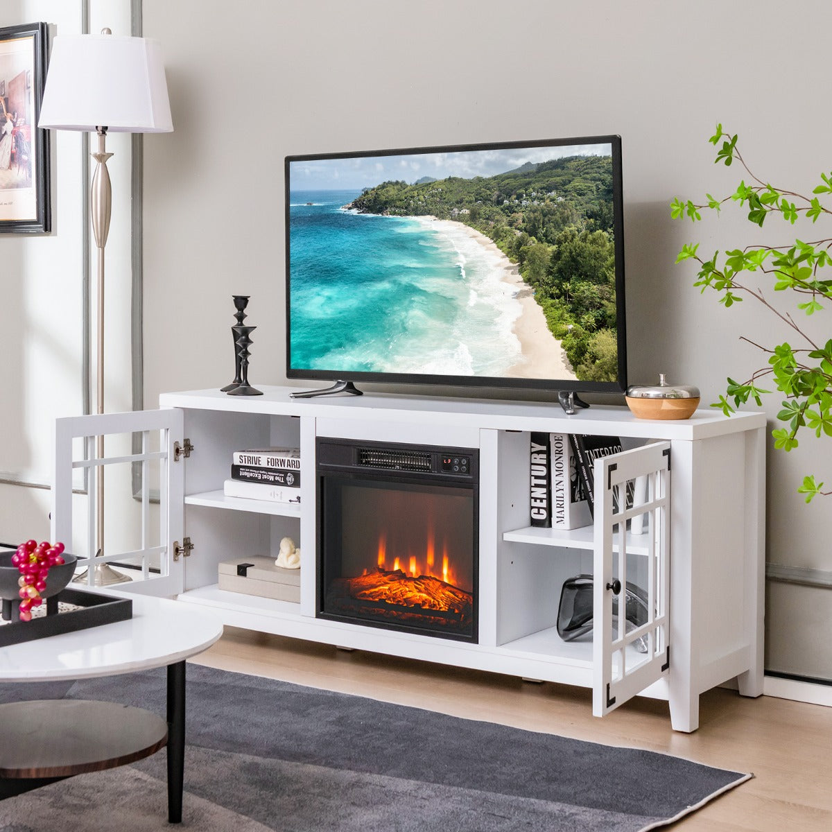 White console store with fireplace