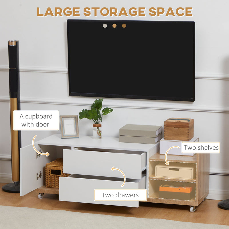 HOMCOM Modern TV Stand Unit for TVs up to 46" with Wheels, Storage Shelves and Drawers, 120cmx39cmx42cm, White and Natural