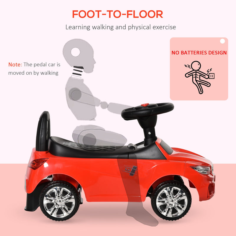 HOMCOM Ride on Sliding Car Baby Toddler Walker Foot to Floor Slider Stroller w/ Horn Music Working Lights Hidden Storage Big Steering Wheel Red