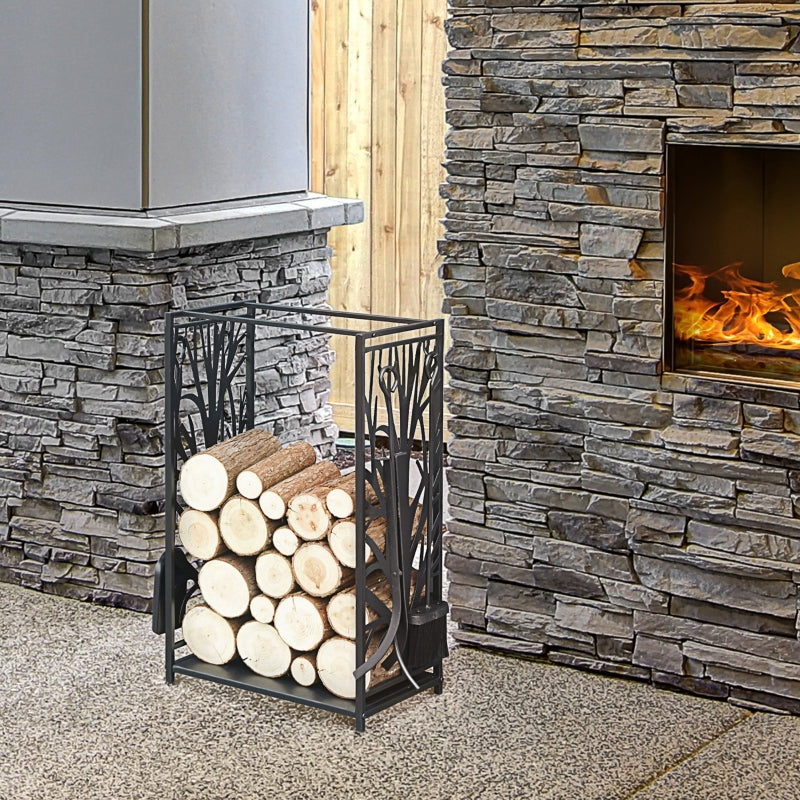 Heavy Duty Firewood Log Rack Fireplace Storagew/ 4 Tools, Black