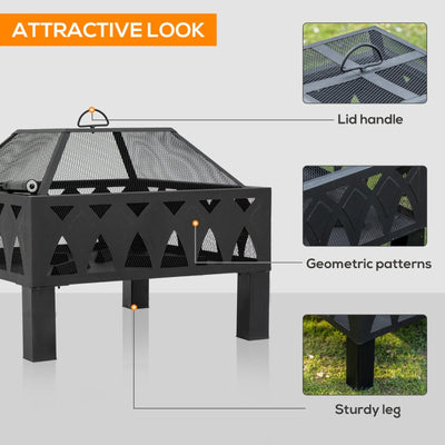 66cm Outdoor Fire Pit With Screen Cover, Black