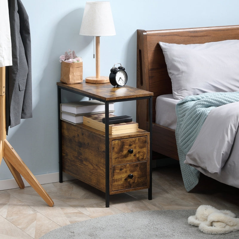 Side Table With 2 Drawers And Storage Shelf, Rustic Brown