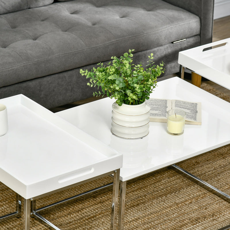 HOMCOM Coffee Table Set of 3, Modern Nest of Tables with Steel Frame and High Gloss Effect for Living Room, White